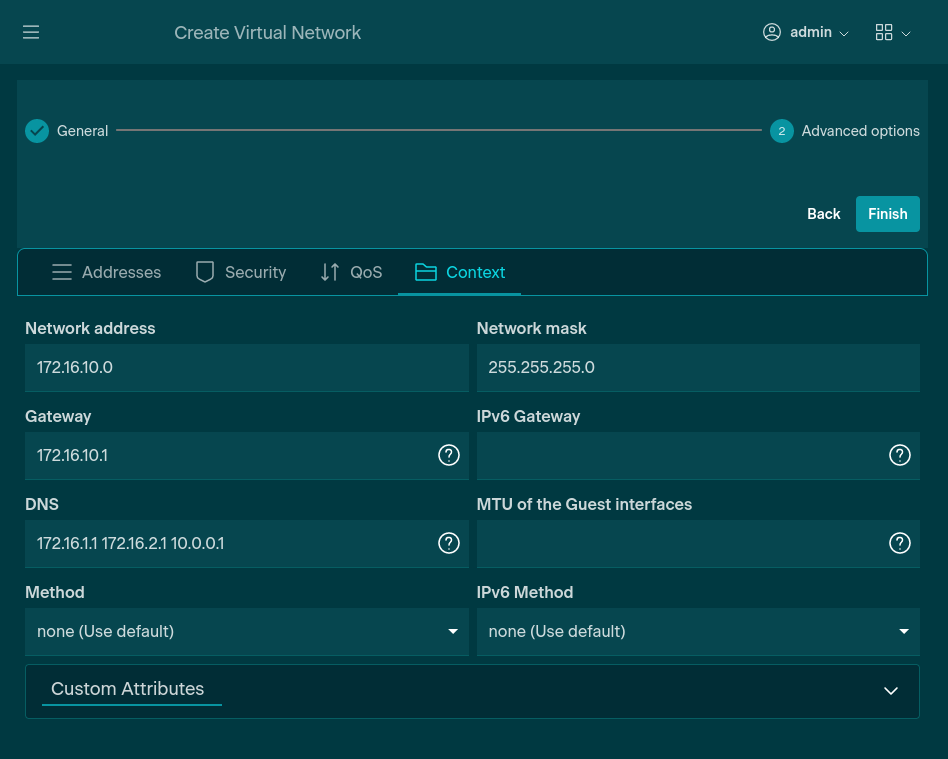 Defining VM context settings for a Virtual Network